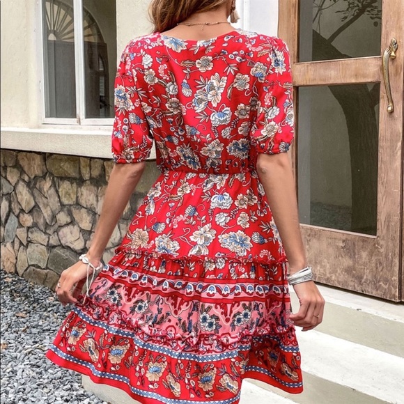 Boho Floral Paisley Print Overlap Neck Dress - Picture 4 of 15